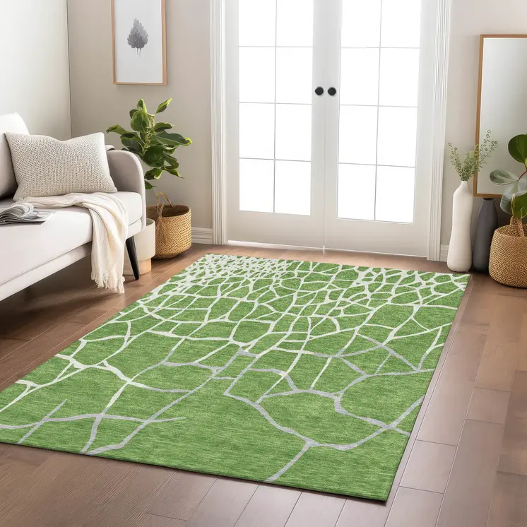 8' X 10' Green And Ivory Abstract Washable Indoor Outdoor Area Rug