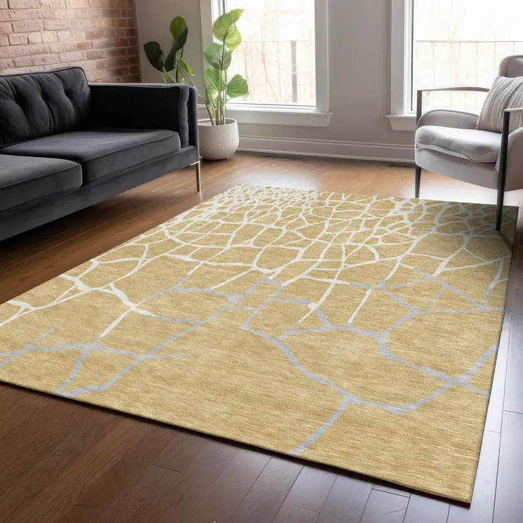 5' X 8' Gold And Beige Abstract Washable Indoor Outdoor Area Rug