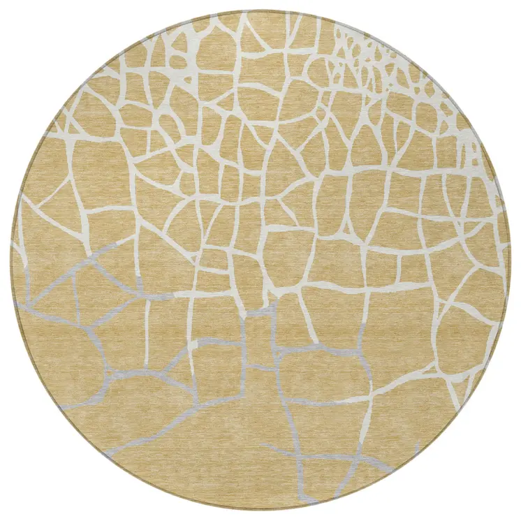 8' Gold And Beige Round Abstract Washable Indoor Outdoor Area Rug