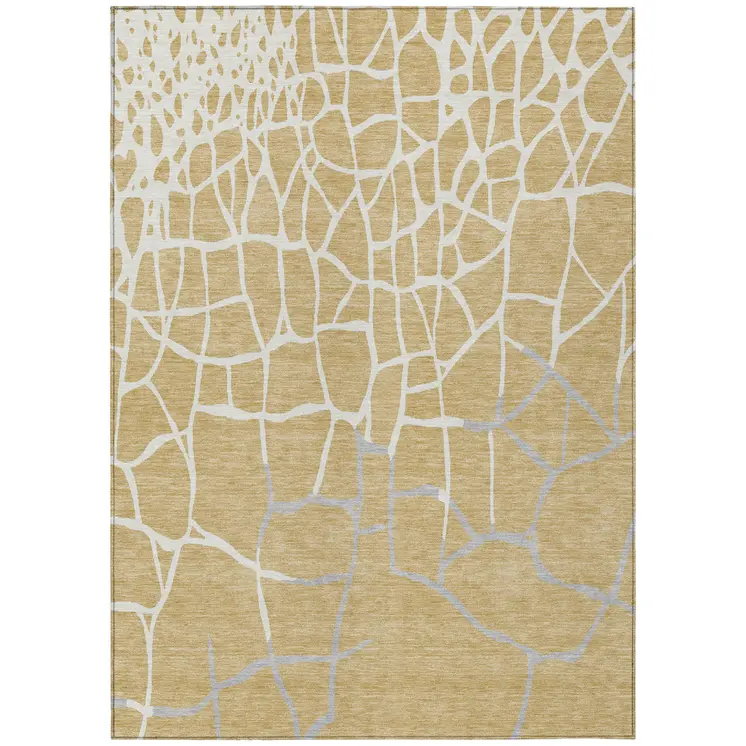 8' X 10' Gold And Beige Abstract Washable Indoor Outdoor Area Rug