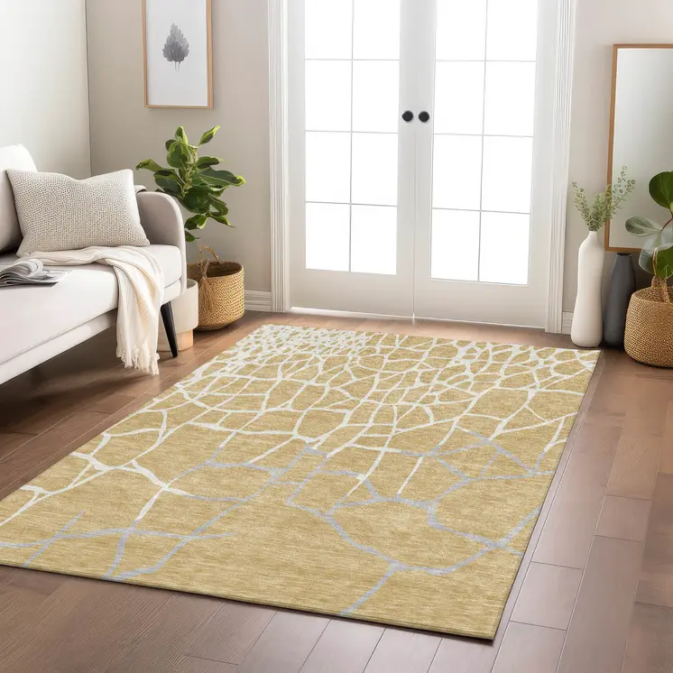 8' X 10' Gold And Beige Abstract Washable Indoor Outdoor Area Rug