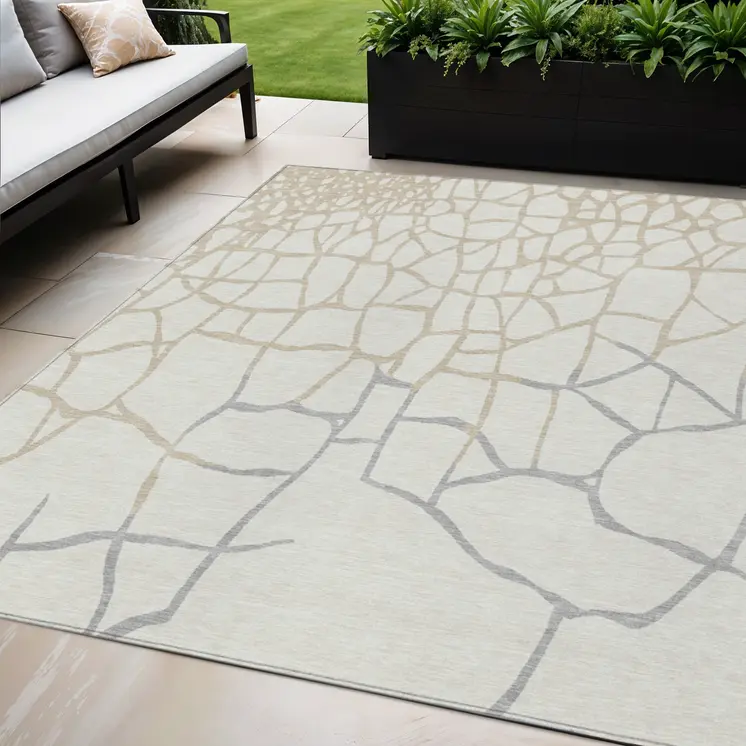 5' X 8' Ivory And Beige Abstract Washable Indoor Outdoor Area Rug