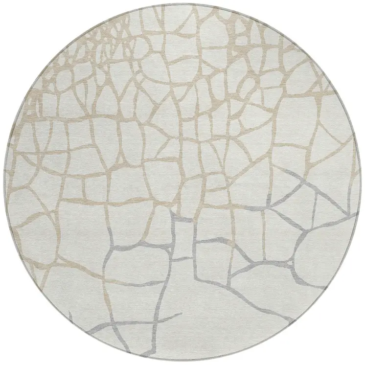 8' Ivory And Beige Round Abstract Washable Indoor Outdoor Area Rug
