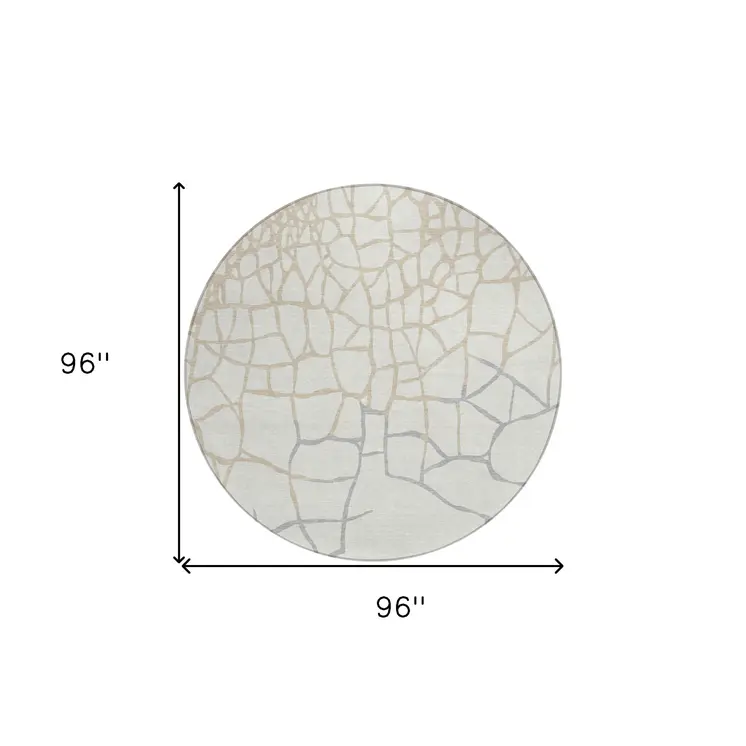 8' Ivory And Beige Round Abstract Washable Indoor Outdoor Area Rug