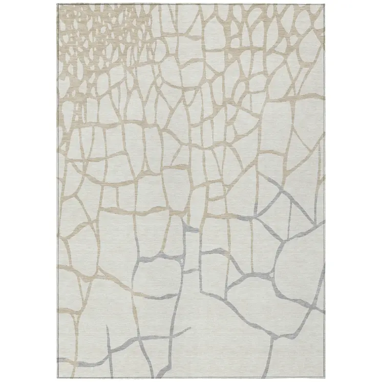 9' X 12' Ivory And Beige Abstract Washable Indoor Outdoor Area Rug