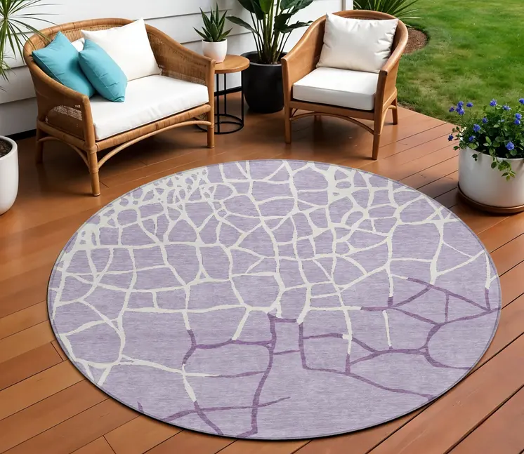 8' Lavender And Ivory Round Abstract Washable Indoor Outdoor Area Rug