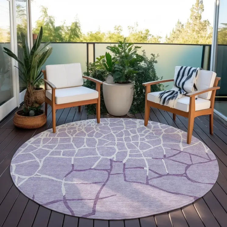 8' Lavender And Ivory Round Abstract Washable Indoor Outdoor Area Rug