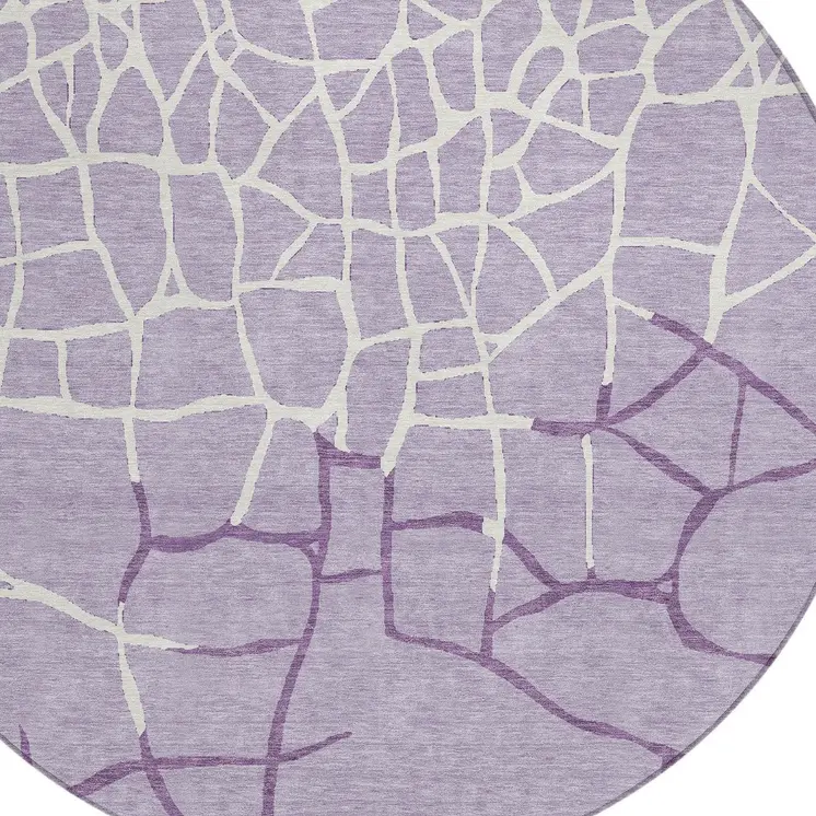 8' Lavender And Ivory Round Abstract Washable Indoor Outdoor Area Rug