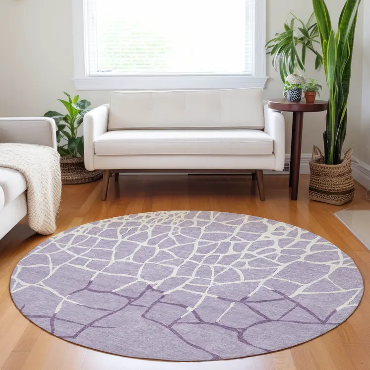8' Lavender And Ivory Round Abstract Washable Indoor Outdoor Area Rug