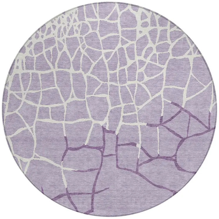 8' Lavender And Ivory Round Abstract Washable Indoor Outdoor Area Rug
