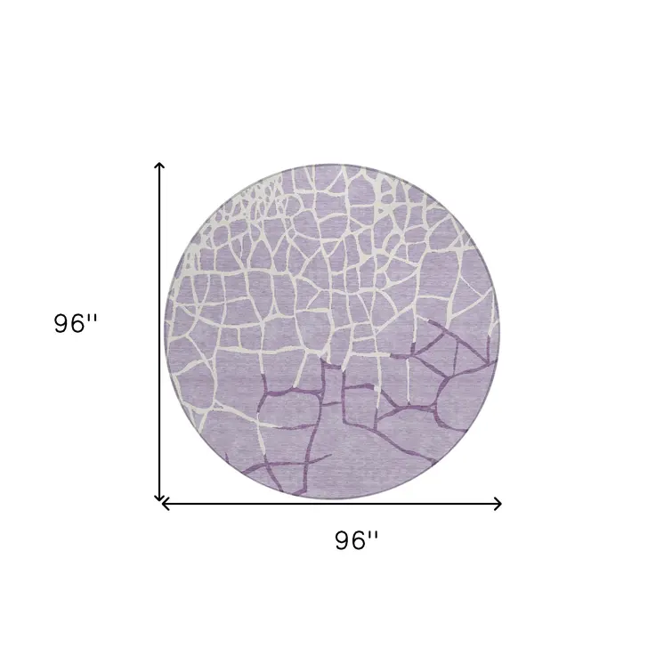 8' Lavender And Ivory Round Abstract Washable Indoor Outdoor Area Rug