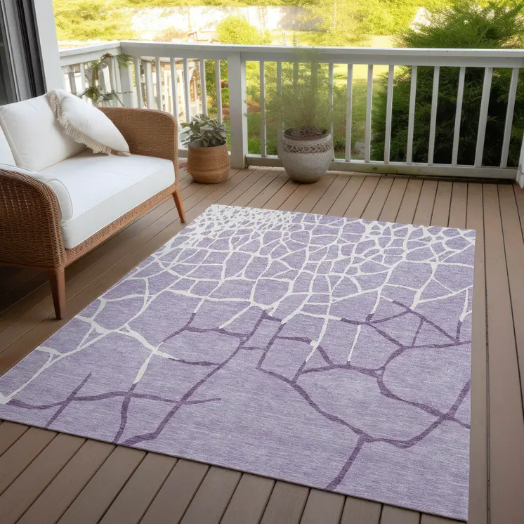 9' X 12' Lavender And Ivory Abstract Washable Indoor Outdoor Area Rug