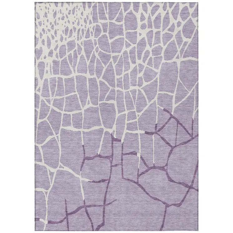 9' X 12' Lavender And Ivory Abstract Washable Indoor Outdoor Area Rug
