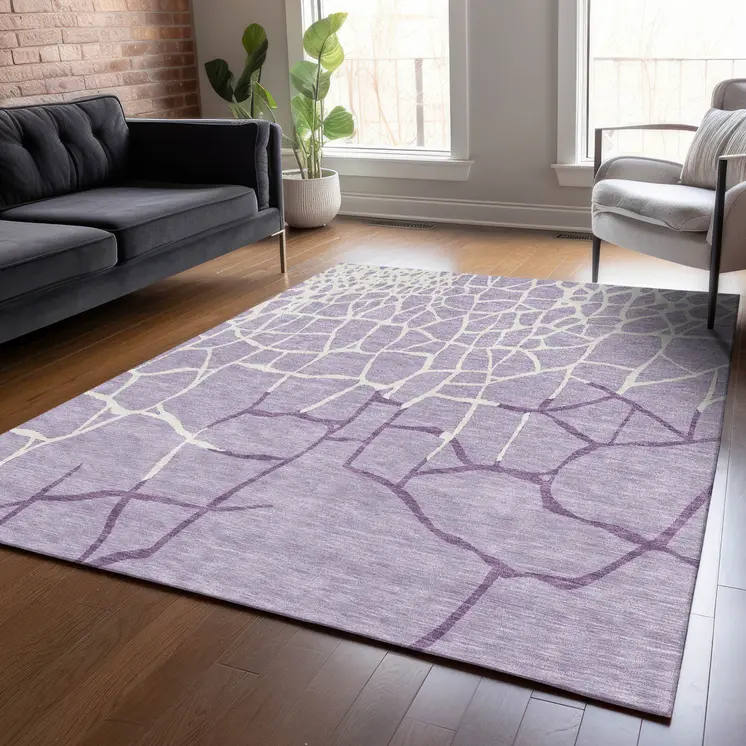 9' X 12' Lavender And Ivory Abstract Washable Indoor Outdoor Area Rug