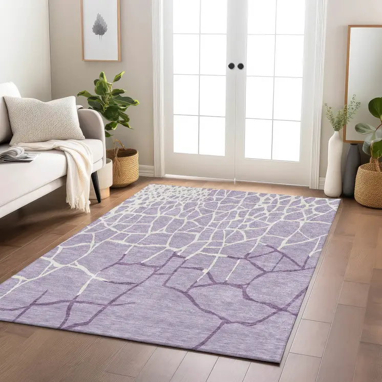 10' X 14' Lavender And Ivory Abstract Washable Indoor Outdoor Area Rug
