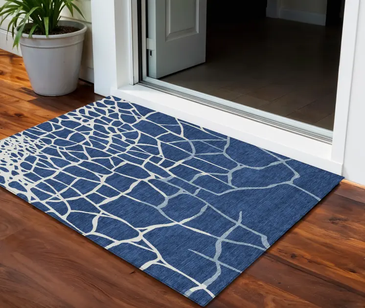 3' X 5' Navy Blue And Ivory Abstract Washable Indoor Outdoor Area Rug