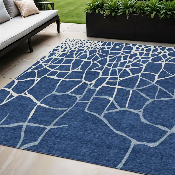5' X 8' Navy Blue And Ivory Abstract Washable Indoor Outdoor Area Rug