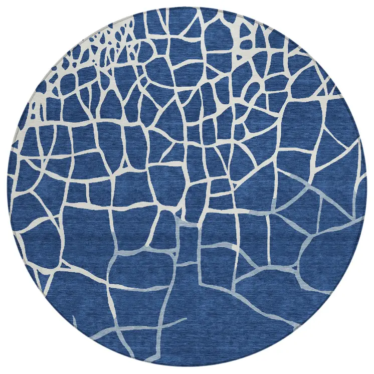 8' Navy Blue And Ivory Round Abstract Washable Indoor Outdoor Area Rug