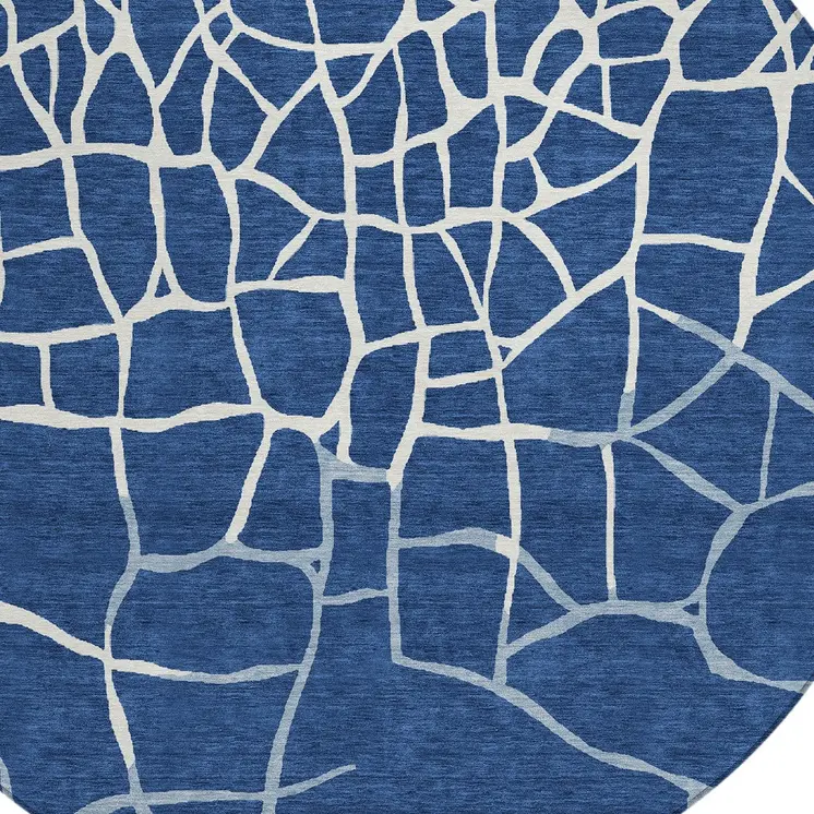8' Navy Blue And Ivory Round Abstract Washable Indoor Outdoor Area Rug