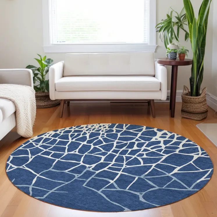 8' Navy Blue And Ivory Round Abstract Washable Indoor Outdoor Area Rug