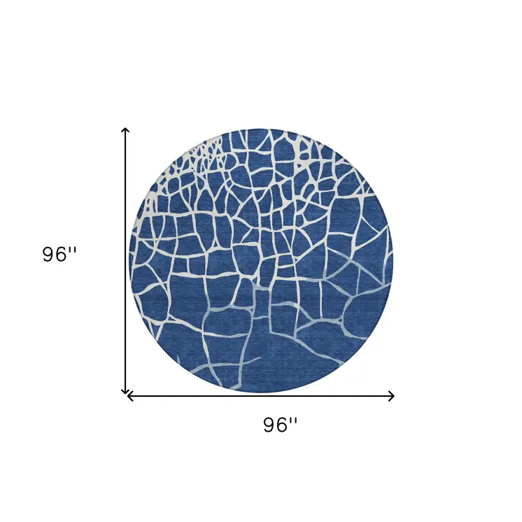 8' Navy Blue And Ivory Round Abstract Washable Indoor Outdoor Area Rug