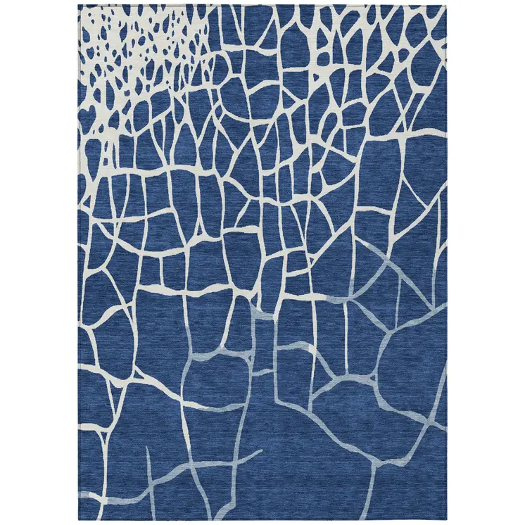 8' X 10' Navy Blue And Ivory Abstract Washable Indoor Outdoor Area Rug