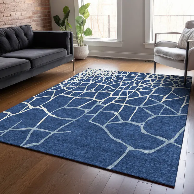 8' X 10' Navy Blue And Ivory Abstract Washable Indoor Outdoor Area Rug
