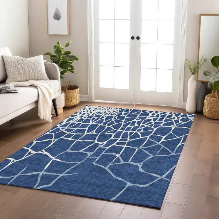 8' X 10' Navy Blue And Ivory Abstract Washable Indoor Outdoor Area Rug