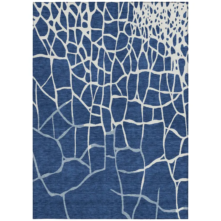 9' X 12' Navy Blue And Ivory Abstract Washable Indoor Outdoor Area Rug