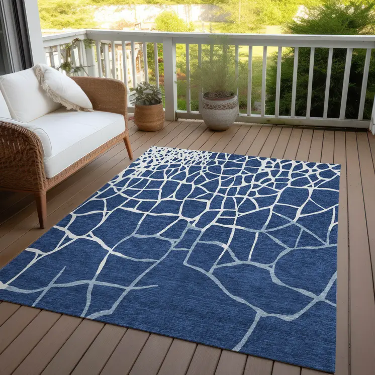 10' X 14' Navy Blue And Ivory Abstract Washable Indoor Outdoor Area Rug