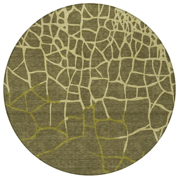 8' Olive Green And Dark Green Round Abstract Washable Indoor Outdoor Area Rug
