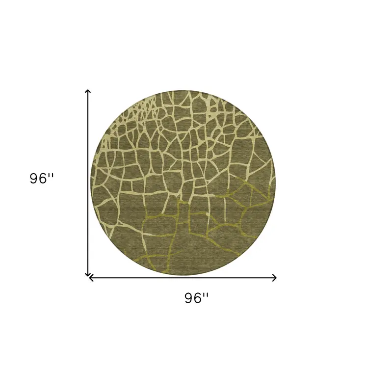8' Olive Green And Dark Green Round Abstract Washable Indoor Outdoor Area Rug