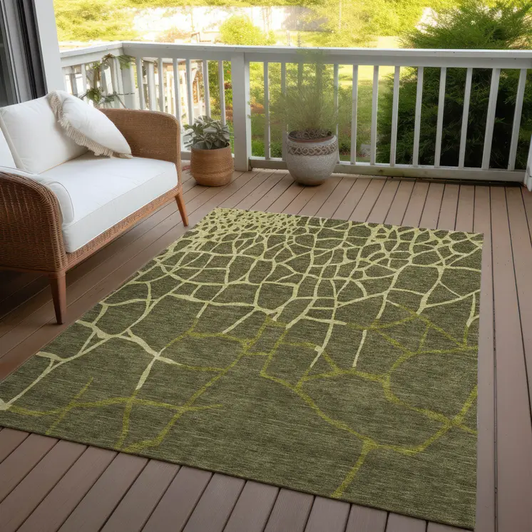 8' X 10' Olive Green And Dark Green Abstract Washable Indoor Outdoor Area Rug