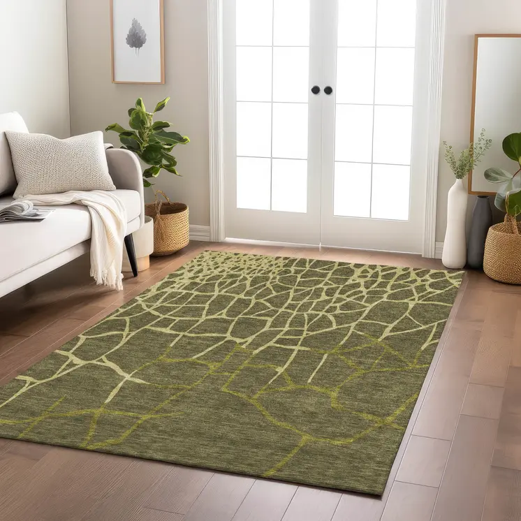 8' X 10' Olive Green And Dark Green Abstract Washable Indoor Outdoor Area Rug