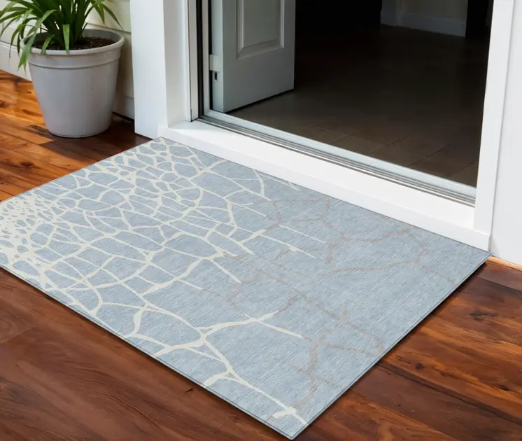 3' X 5' Sky Blue And Ivory Abstract Washable Indoor Outdoor Area Rug
