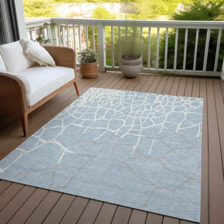 5' X 8' Sky Blue And Ivory Abstract Washable Indoor Outdoor Area Rug