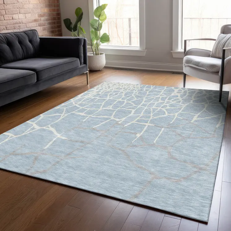 5' X 8' Sky Blue And Ivory Abstract Washable Indoor Outdoor Area Rug