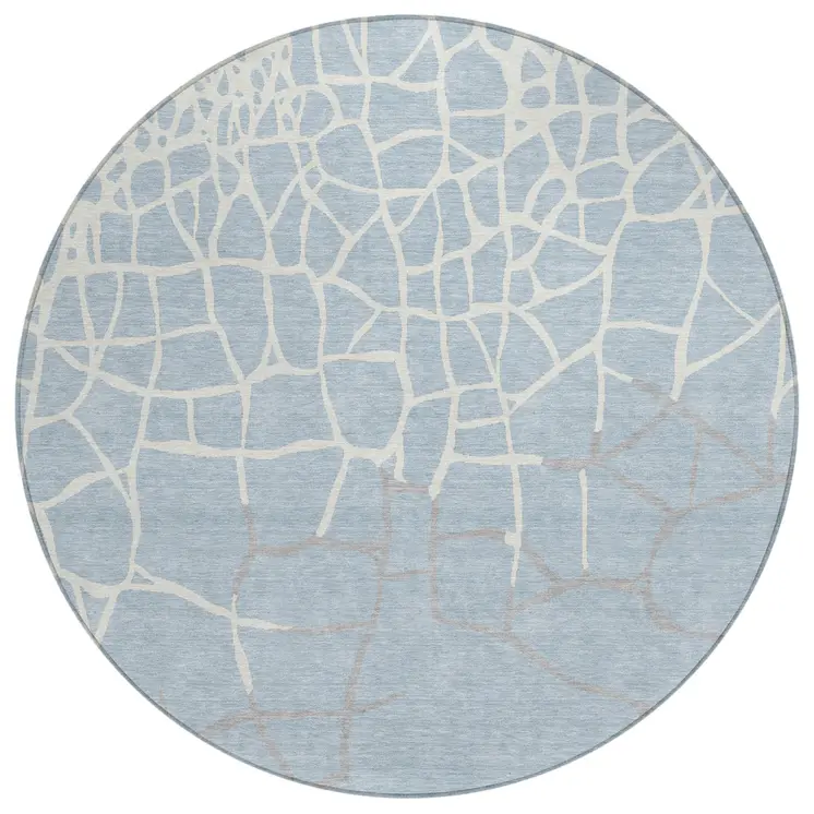 8' Sky Blue And Ivory Round Abstract Washable Indoor Outdoor Area Rug