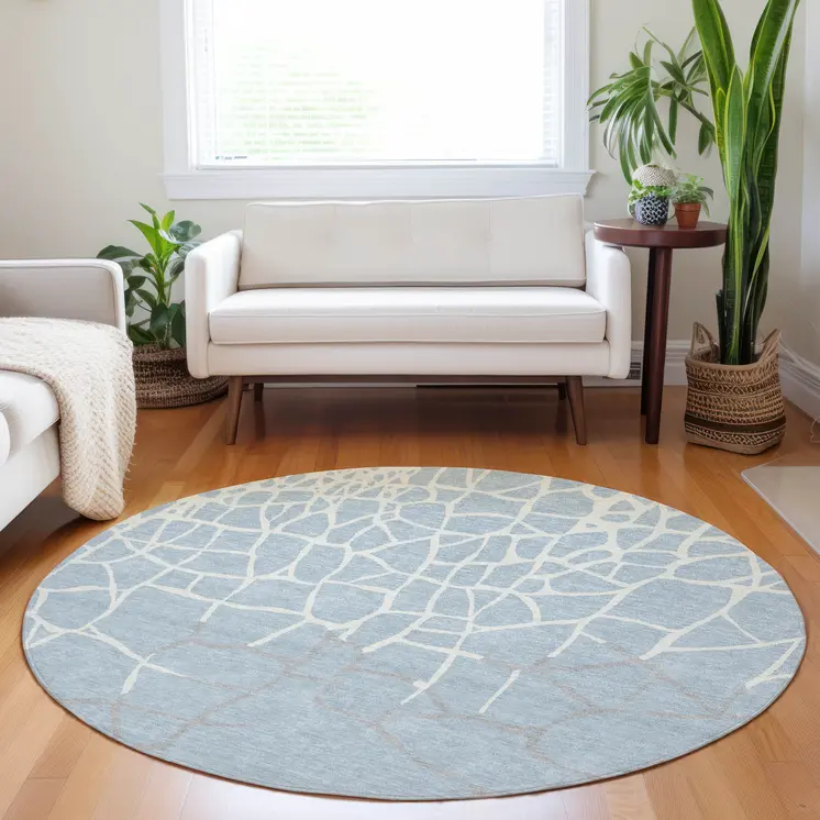 8' Sky Blue And Ivory Round Abstract Washable Indoor Outdoor Area Rug
