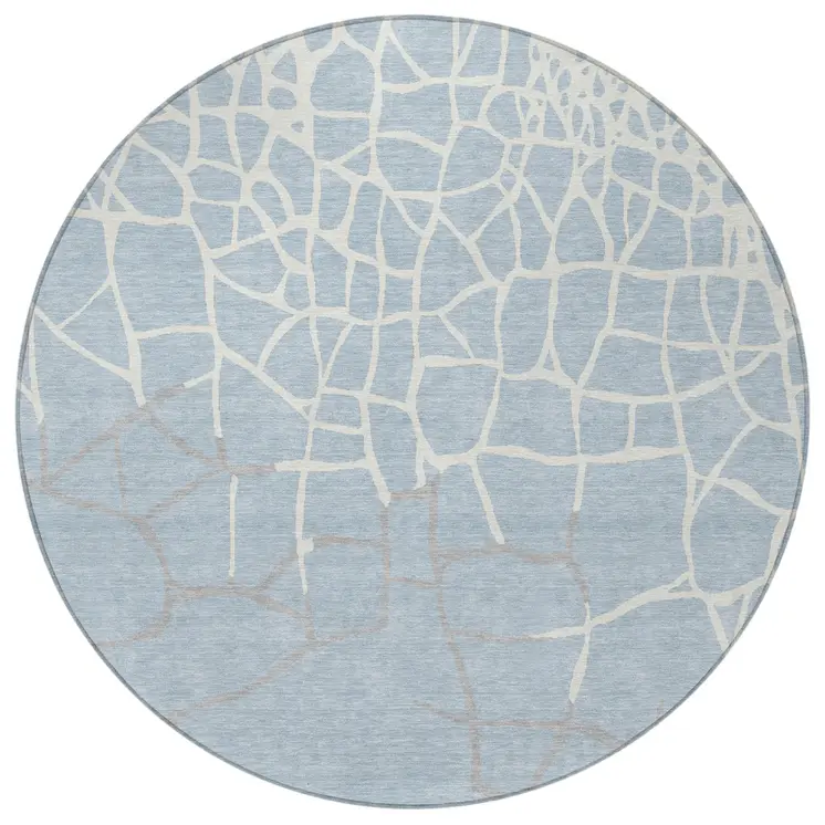8' Sky Blue And Ivory Round Abstract Washable Indoor Outdoor Area Rug
