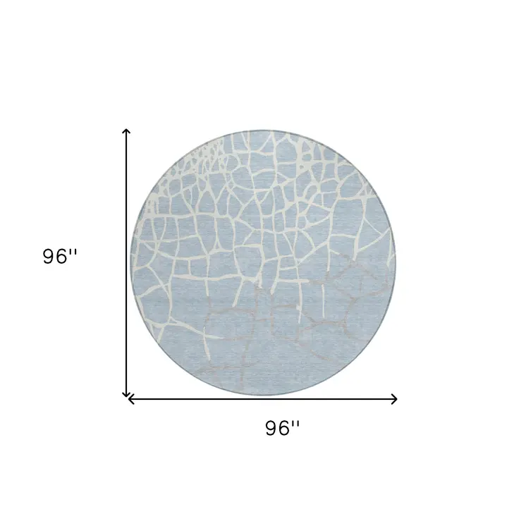 8' Sky Blue And Ivory Round Abstract Washable Indoor Outdoor Area Rug