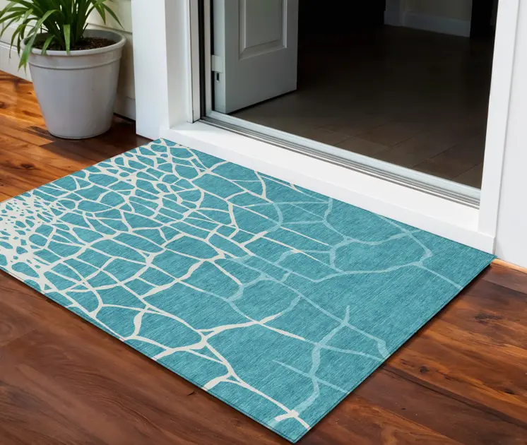 3' X 5' Teal Blue And Ivory Abstract Washable Indoor Outdoor Area Rug