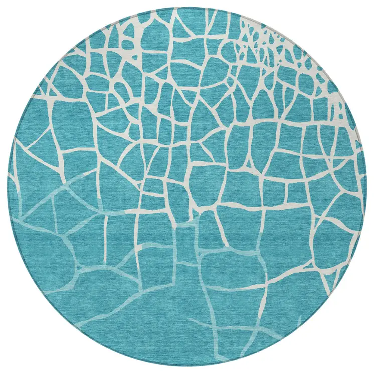 8' Teal Blue And Ivory Round Abstract Washable Indoor Outdoor Area Rug