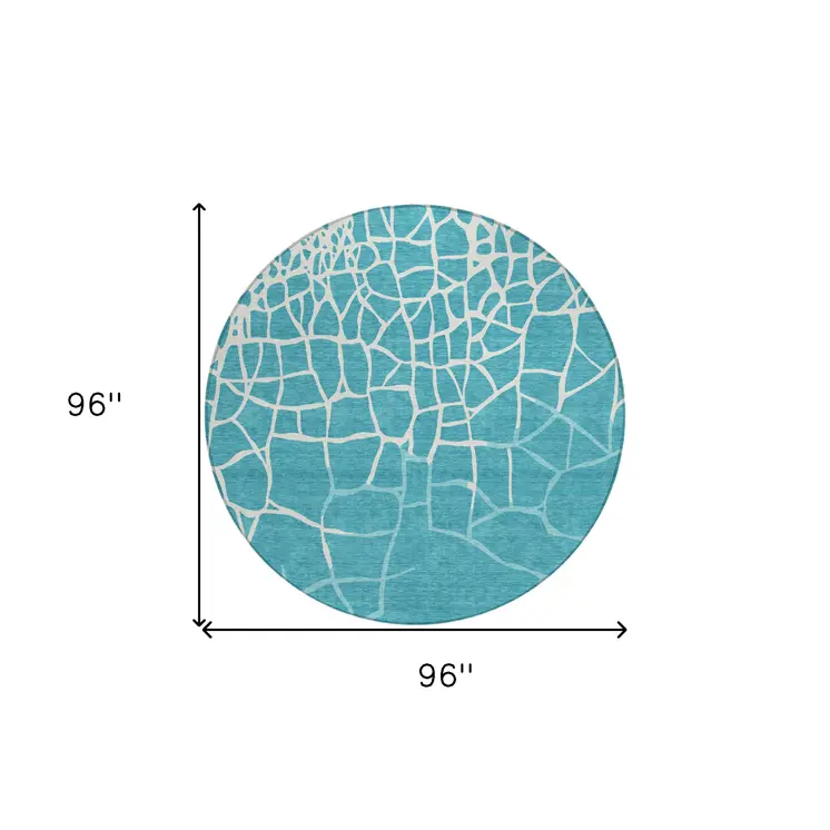 8' Teal Blue And Ivory Round Abstract Washable Indoor Outdoor Area Rug