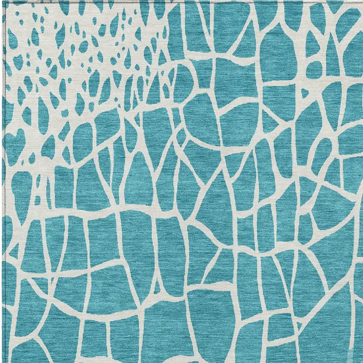 8' X 10' Teal Blue And Ivory Abstract Washable Indoor Outdoor Area Rug