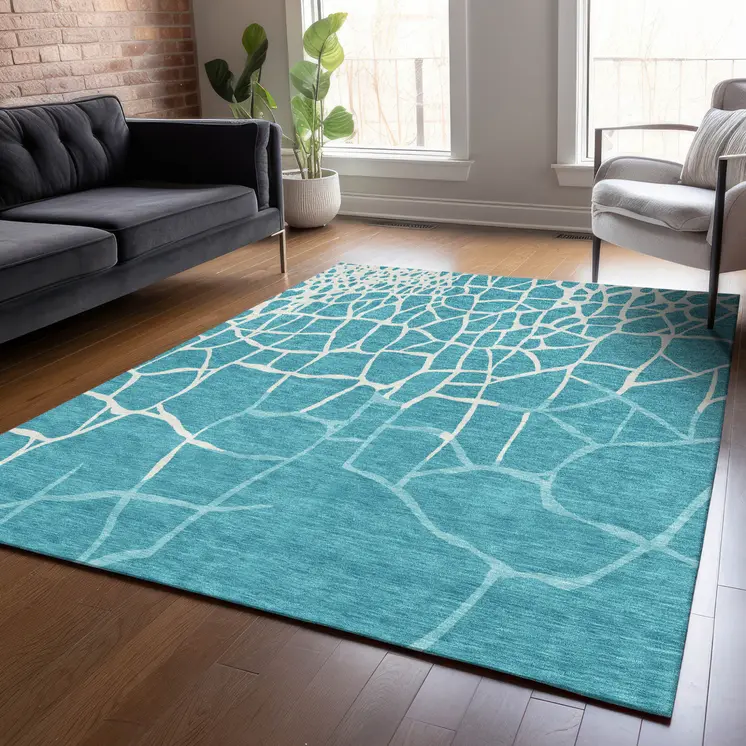 8' X 10' Teal Blue And Ivory Abstract Washable Indoor Outdoor Area Rug