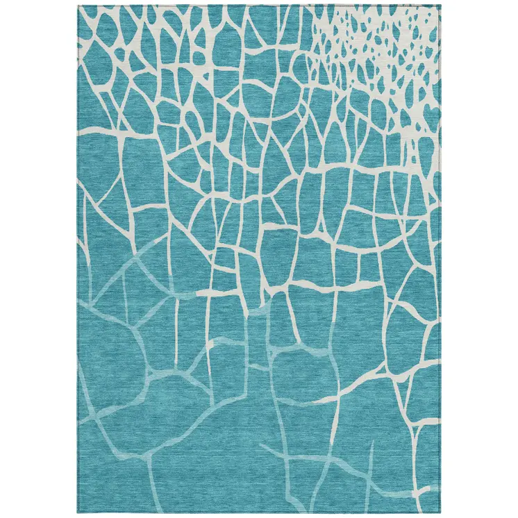 9' X 12' Teal Blue And Ivory Abstract Washable Indoor Outdoor Area Rug