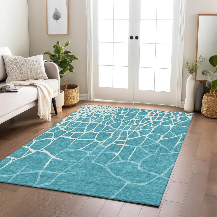 9' X 12' Teal Blue And Ivory Abstract Washable Indoor Outdoor Area Rug