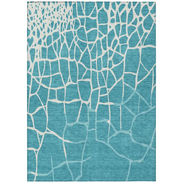 10' X 14' Teal Blue And Ivory Abstract Washable Indoor Outdoor Area Rug