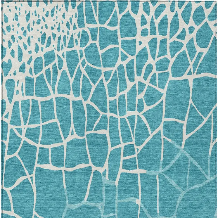 10' X 14' Teal Blue And Ivory Abstract Washable Indoor Outdoor Area Rug